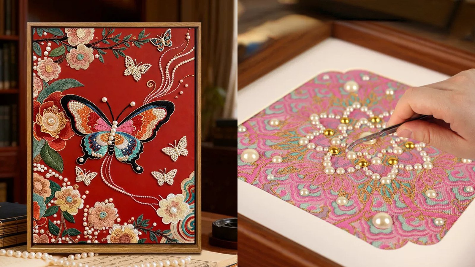 A framed panel of pearls and Song brocade showing a butterfly among flowers, and a hand setting pearls onto pink brocade with tweezers.