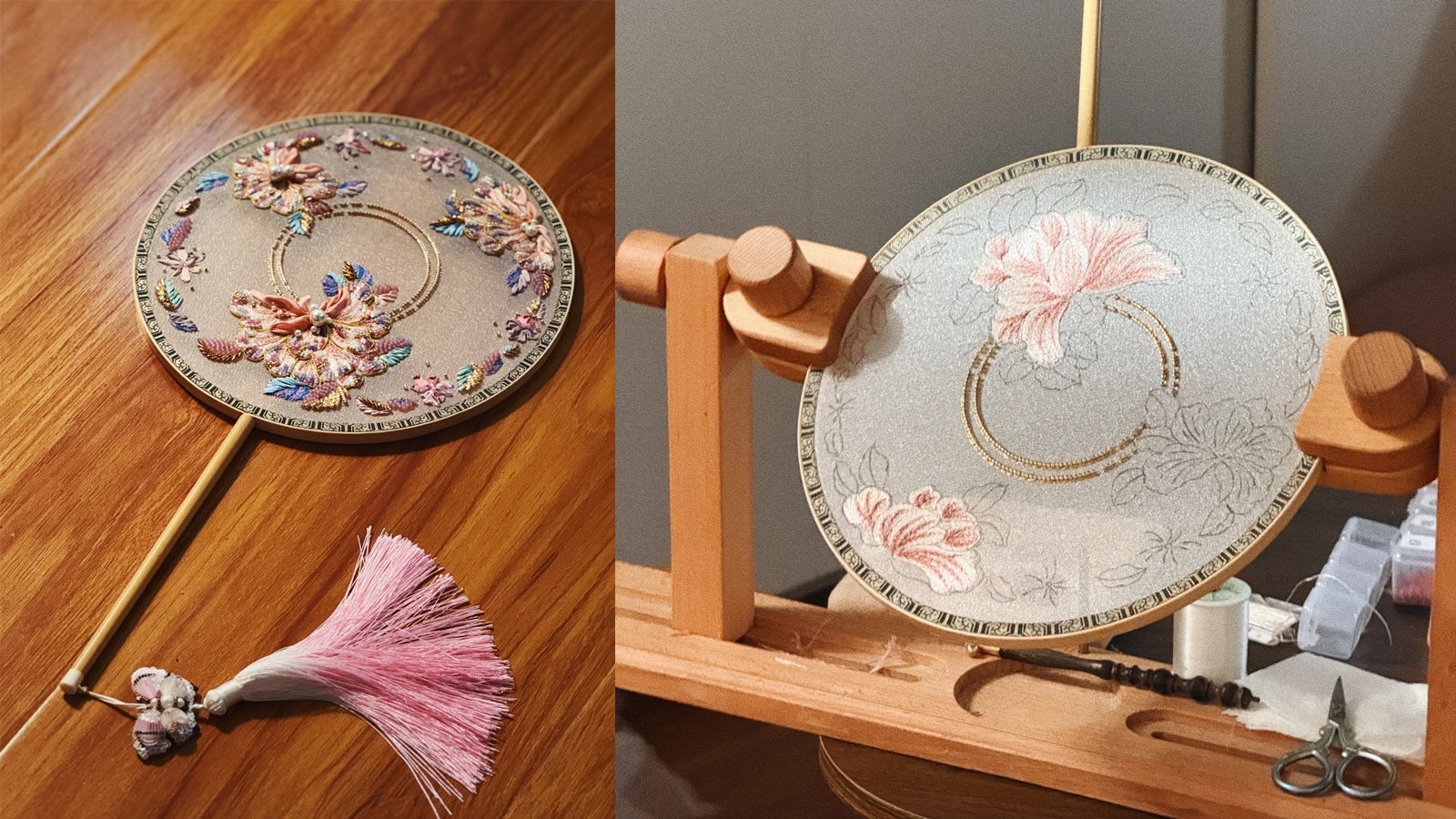 A round silk fan embroidered with peonies resting on a wooden stand, with threads, scissors and a needle tool beside it.