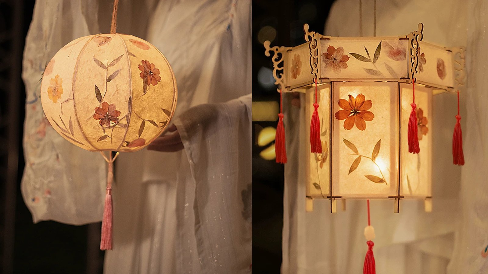 Two glowing paper lanterns, one round and one hexagonal, their handmade paper set with pressed flowers and leaves.
