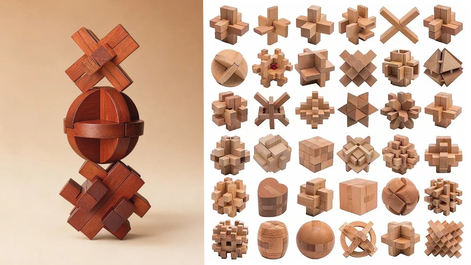 Wooden Luban lock puzzles: a three-piece tower stacked on the left, and a grid of dozens of interlocking forms on the right.