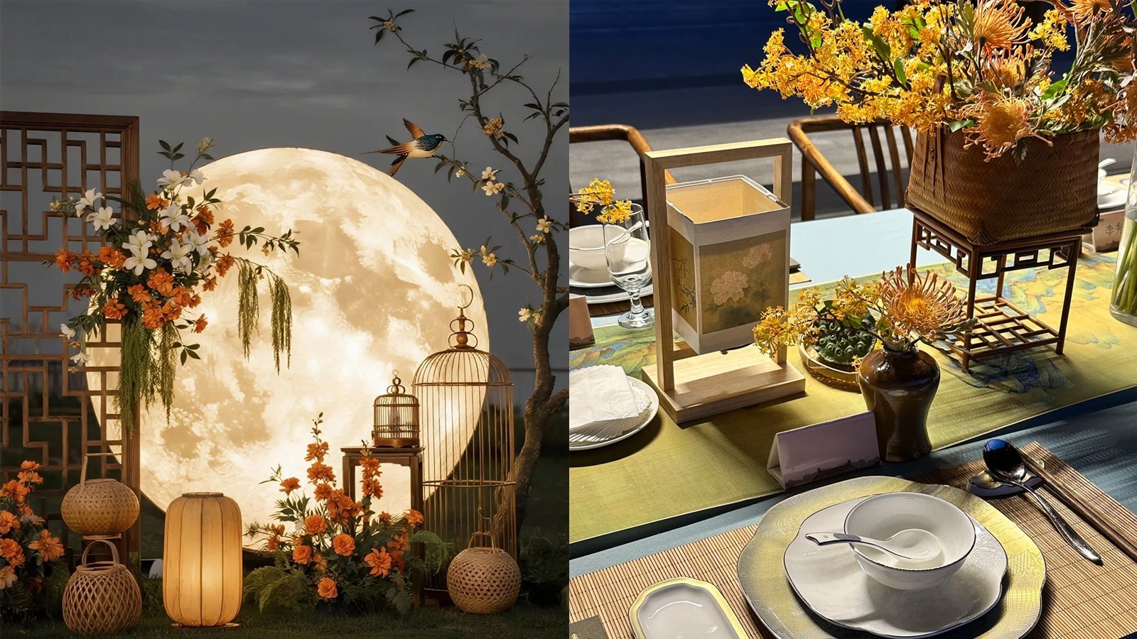 A Mid-Autumn night scene in moon white — a full moon over a round table, lanterns hanging at different heights, a cassia branch in a ceramic vase, and a rabbit lantern glowing warm amber against the slate-blue dark