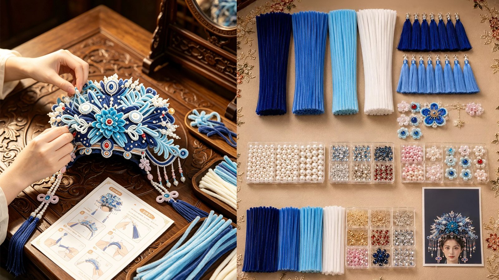 A blue phoenix crown of twisted chenille and pearls held in two hands, beside the bundled stems, bead trays and instruction sheet of the kit.