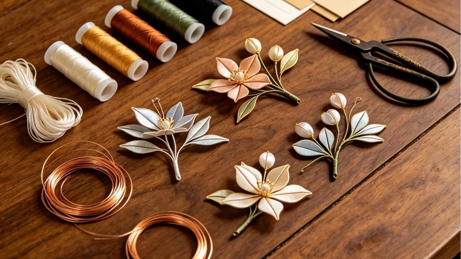 Silk-wrapped flowers on a dark wooden table — petals and buds wound from fine thread on copper-wire stems, with spools of coloured silk, coils of wire and a pair of scissors laid out around them — a Chinese silk-wrapped blossom craft workshop theme