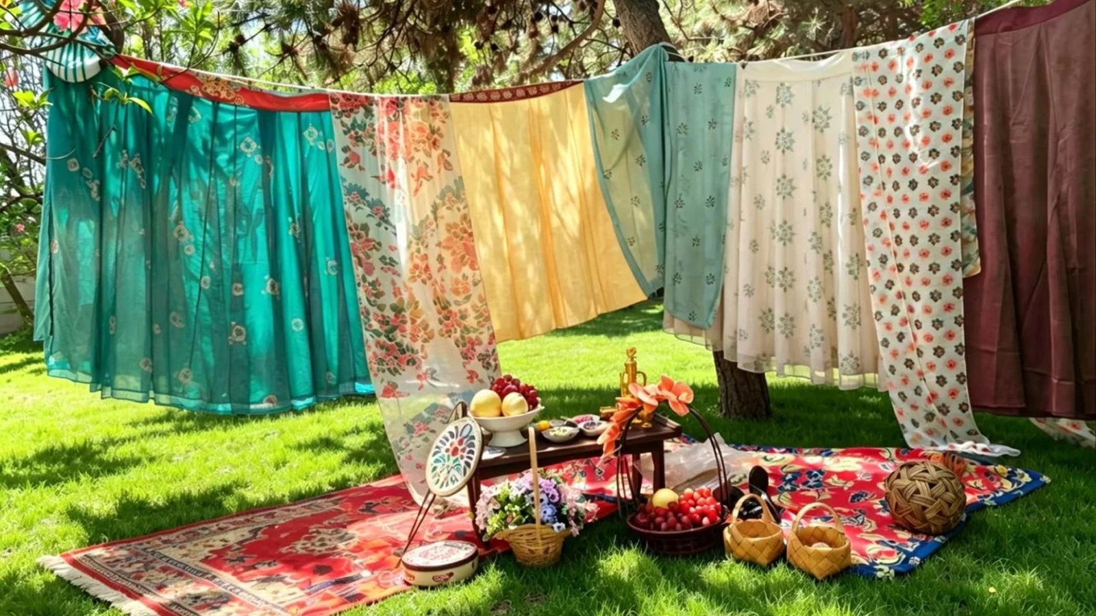 Skirts strung on a line as a canopy over a lawn, with a patterned rug, fruit bowls and baskets underneath — a Tang hanfu skirt canopy garden party theme