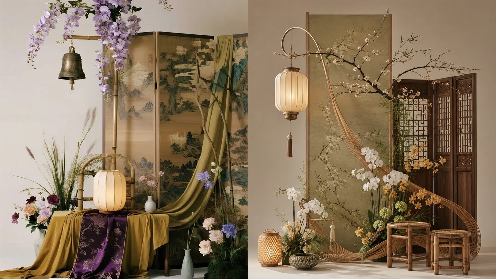 A Song-elegance event setting in low-saturation tones — a celadon tea bowl on a plain table, an incense burner with a thin line of smoke, a plain-paper hanging scroll, a single plum branch in a celadon vessel, moon-white silk in dim light