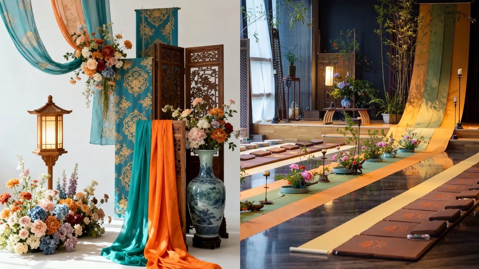 A Tang-style event setting in saturated colour — gilt drapes, painted screens with peony and peacock patterns, gold vessels, peony arrangements and round lanterns in warm light